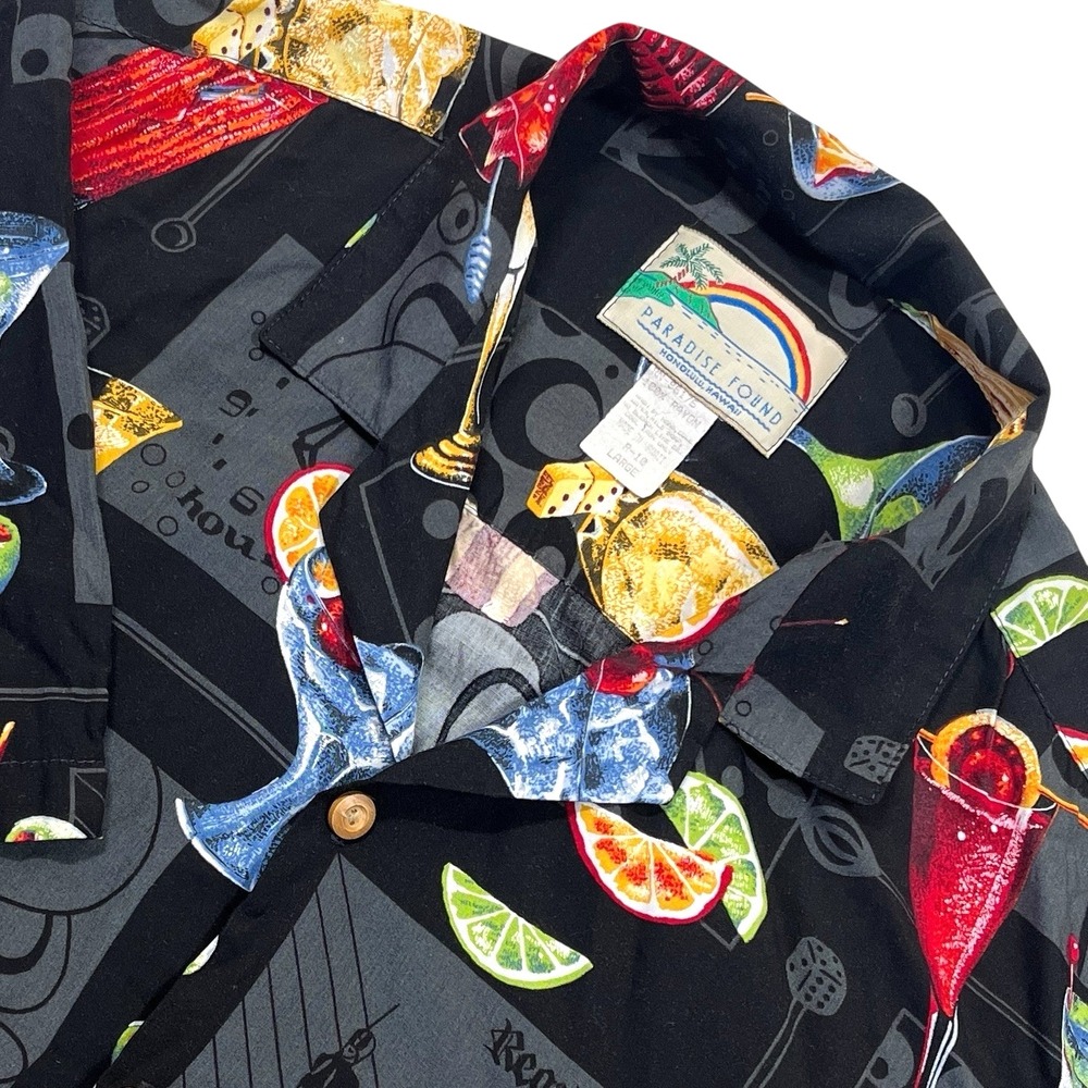 Vintage Paradise Found Hawaiian Shirt Mens L Black Cocktails Regal Magnum, P.I.